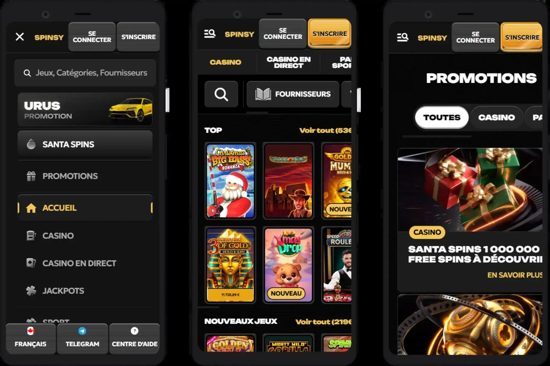 Spinsy sur mobile : menu, lobby et promotions